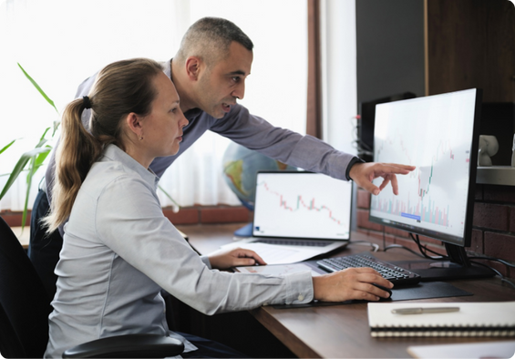 Two colleagues collaborating on a project, looking at monitor screen.