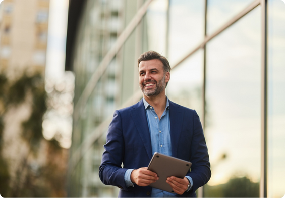 Professional standing in office setting.