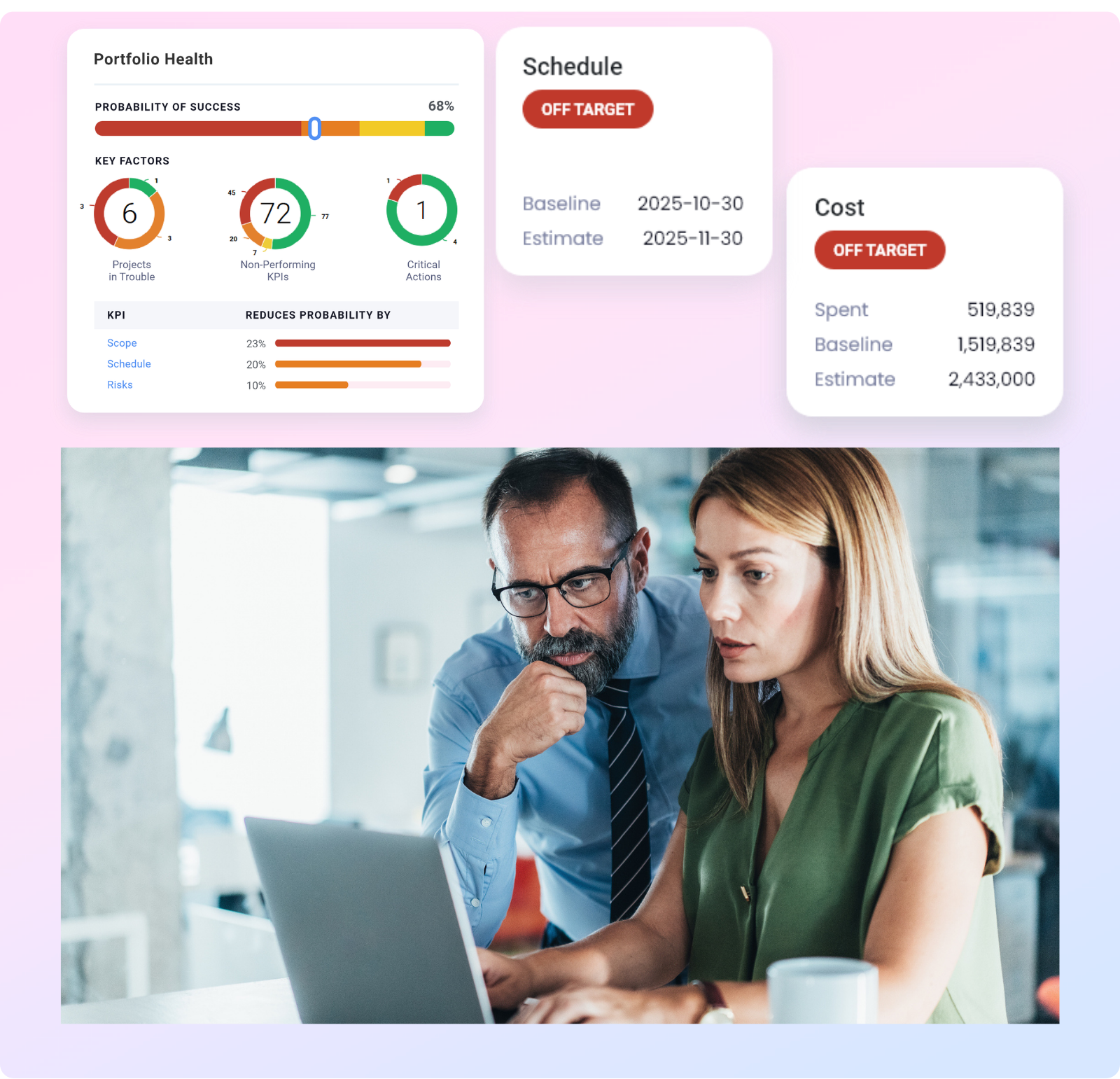 Two colleagues collaborating on a project, looking at laptop screen.