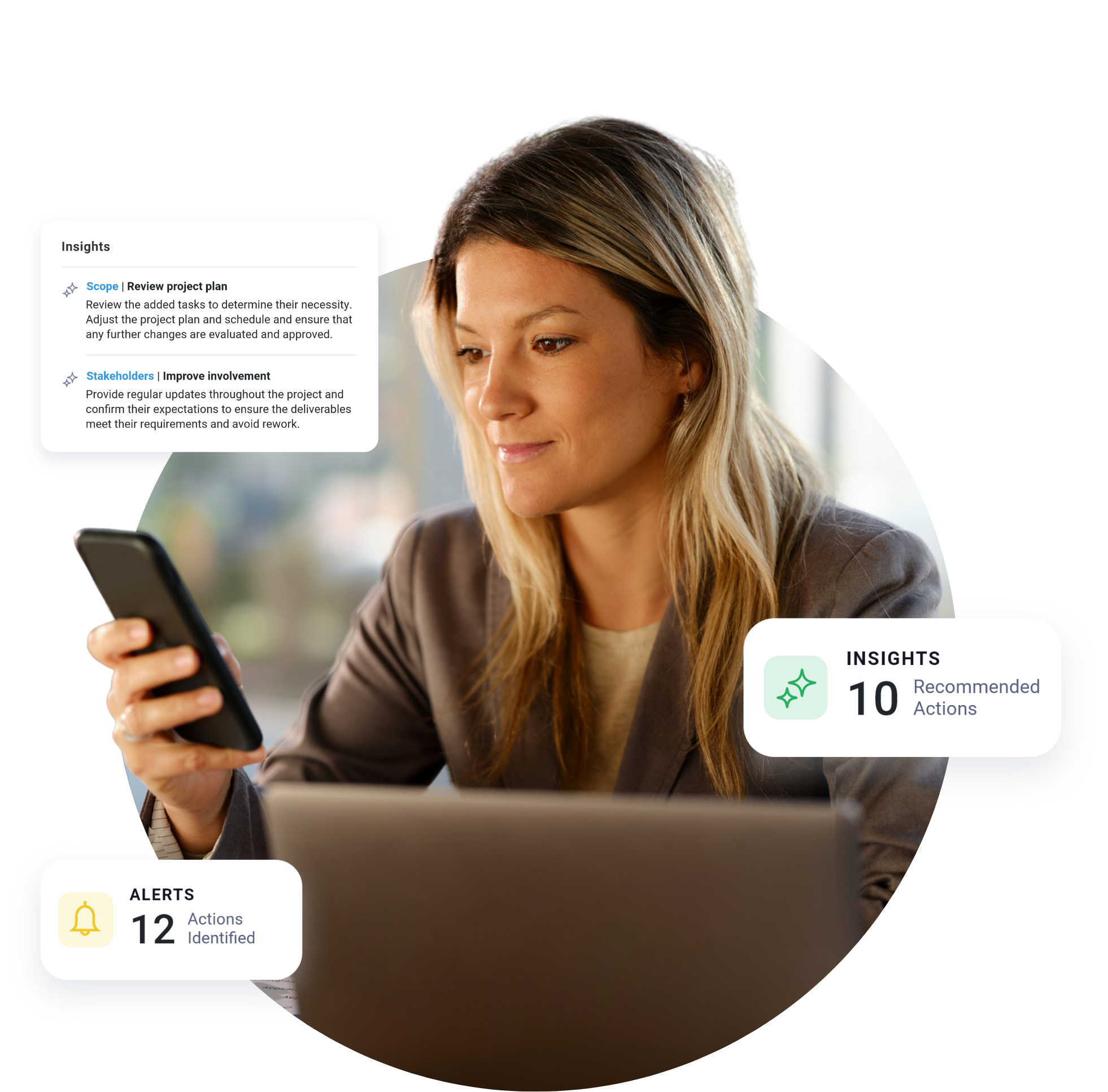 Professional holding a phone in office setting.