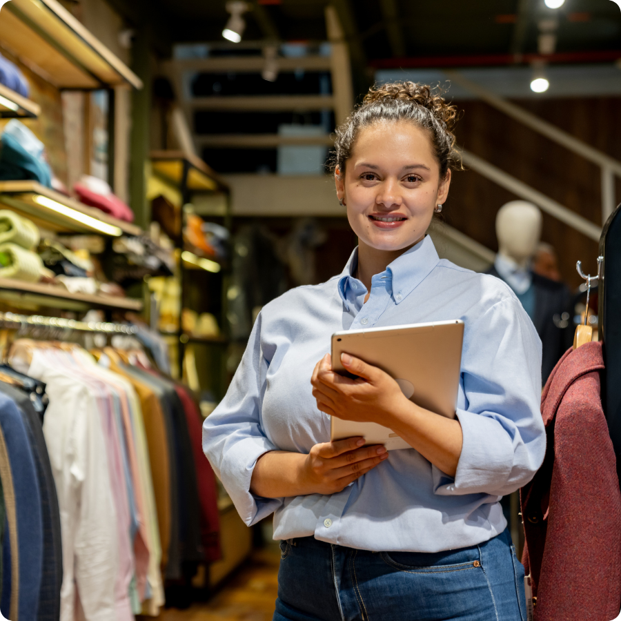 Professional standing in retail setting.