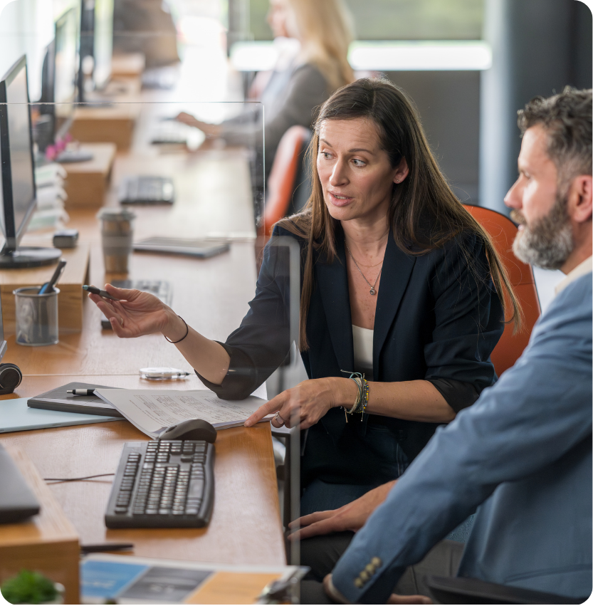 Two colleagues collaborating on a project, looking at computer screen.