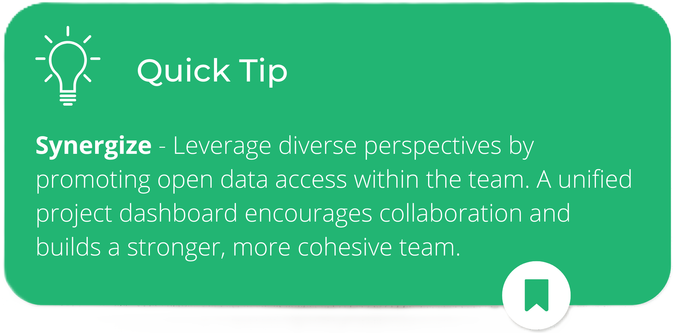 Graphic with a quick tip on synergizing—encouraging teams to leverage diverse perspectives through open data access and shared dashboards to strengthen collaboration and build a more cohesive team