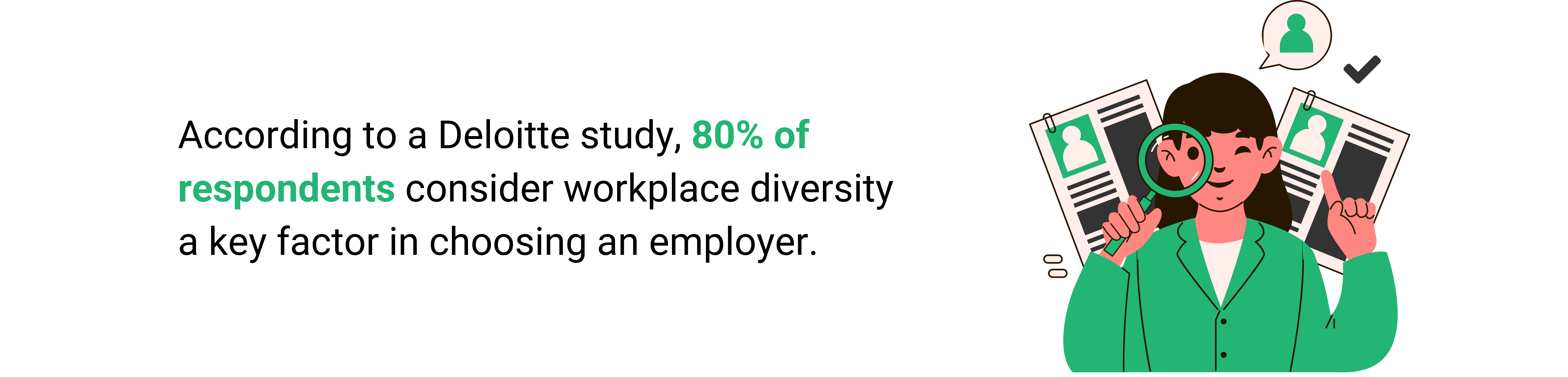 illustration of a recruiter reviewing candidate profiles with a statistic showing 80% of respondents consider workplace diversity a key factor when choosing an employer