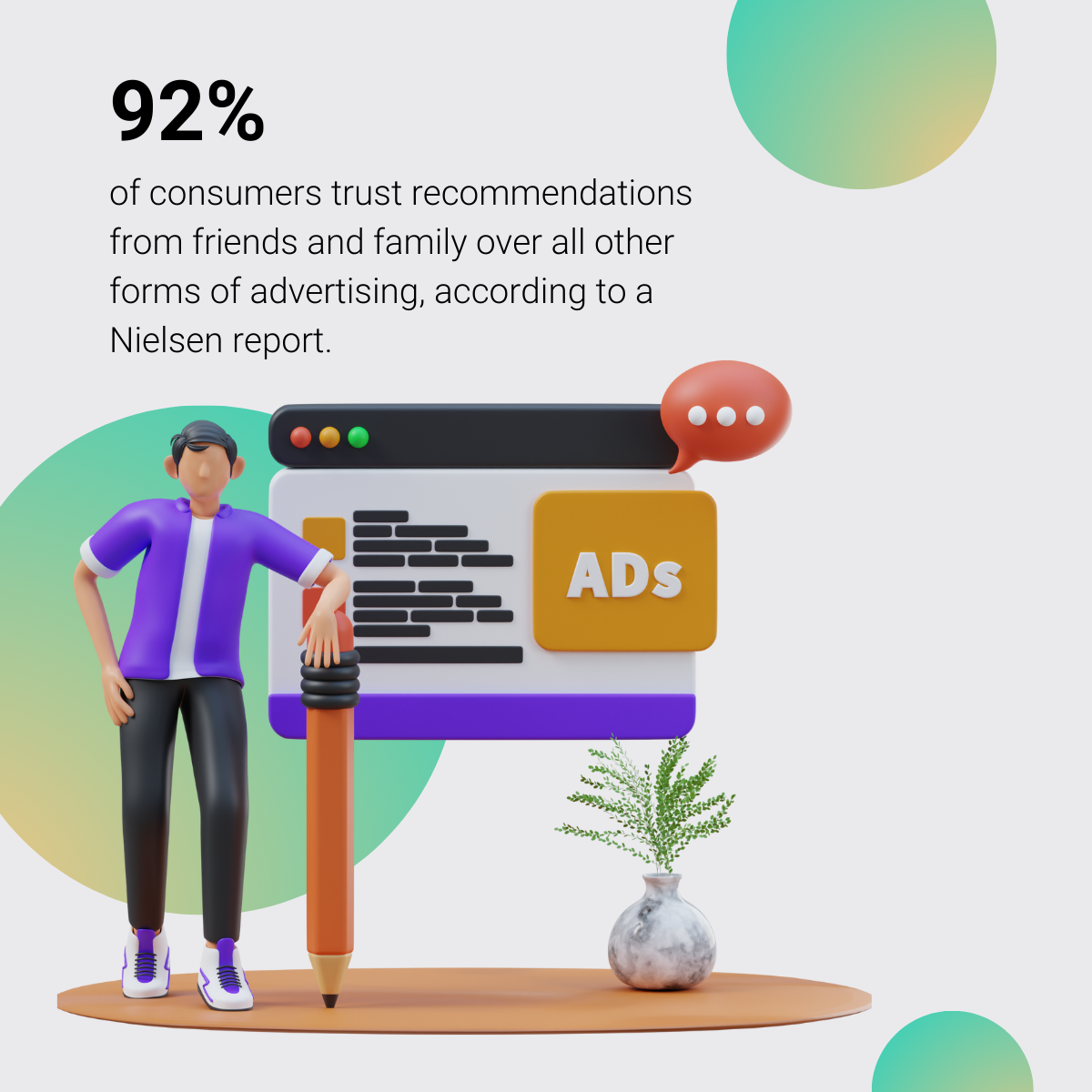 Illustration showing that 92% of consumers trust recommendations from friends and family over other forms of advertising, featuring a character next to a digital ad interface and chat bubble representing word-of-mouth influence