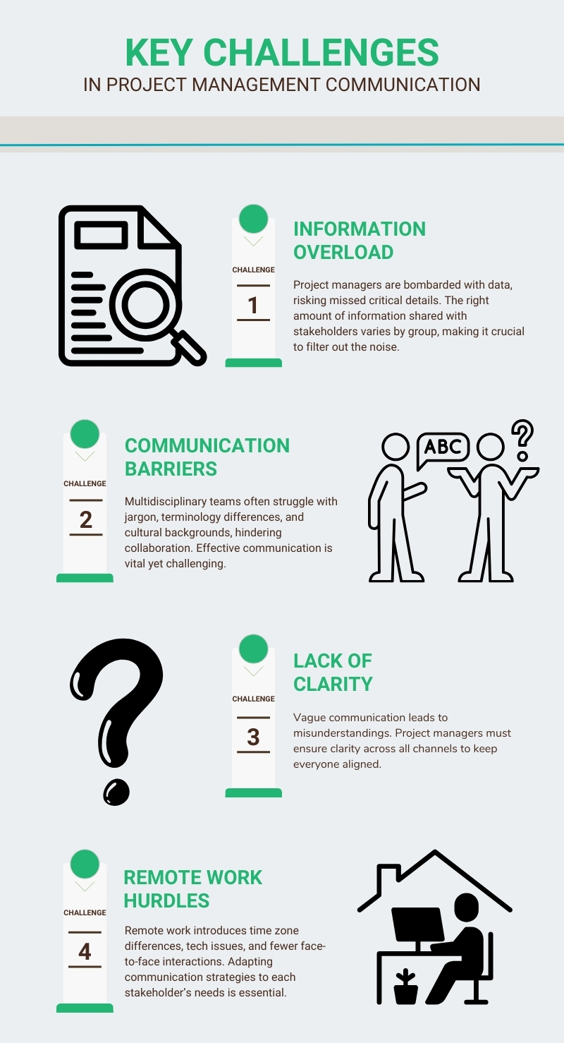 **Alt text:** Infographic outlining key challenges in project management communication including information overload, communication barriers, lack of clarity, and remote work hurdles with brief descriptions of each.