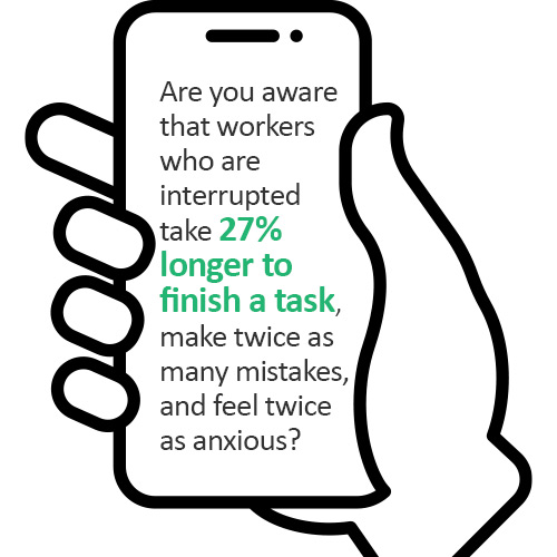 Graphic showing a smartphone with a statistic about workplace interruptions, stating that interrupted workers take 27% longer to complete tasks, make more mistakes, and experience increased anxiety