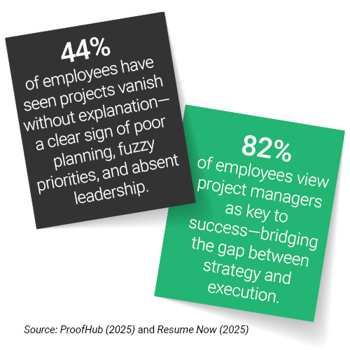 Statistics highlighting that 44% of employees report failed projects due to poor planning, while 82% see project managers as vital for success. Emphasizes the link between leadership, team dynamics, and execution.