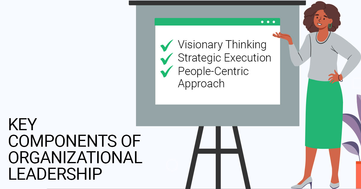 Infographic listing key components of organizational leadership: Visionary Thinking, Strategic Execution, and People-Centric Approach.