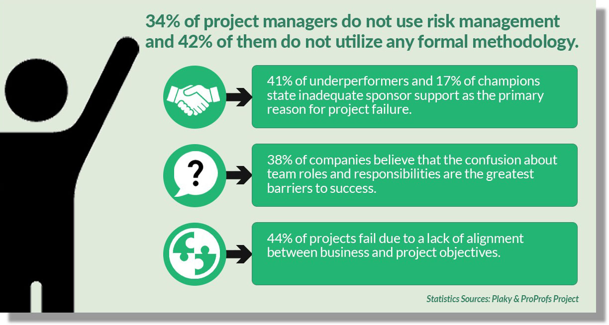 Project management statistics highlighting lack of risk management practices, inadequate sponsor support, unclear team roles, and misalignment between business and project objectives as key causes of project failure