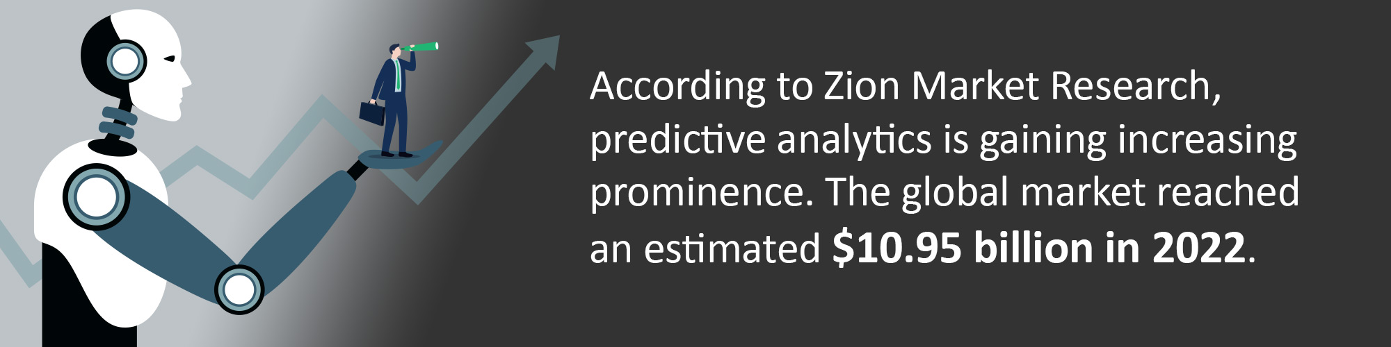 illustration of a robotic arm lifting a businessperson upward alongside text stating that predictive analytics is growing in prominence, with the global market reaching $10.95 billion in 2022 according to Zion Market Research
