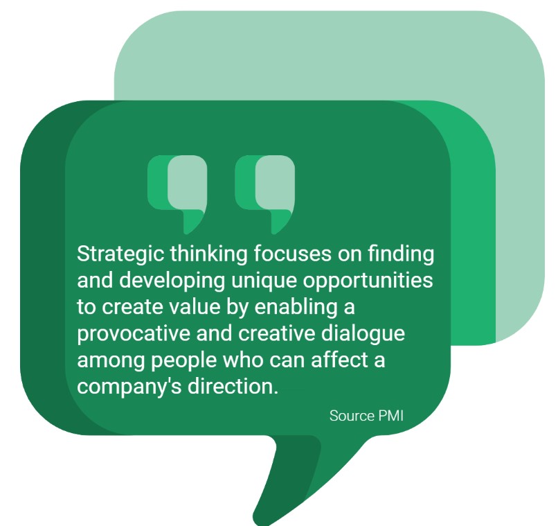 quote graphic with layered green speech bubbles stating that strategic thinking creates value by fostering creative dialogue among decision-makers, attributed to PMI
