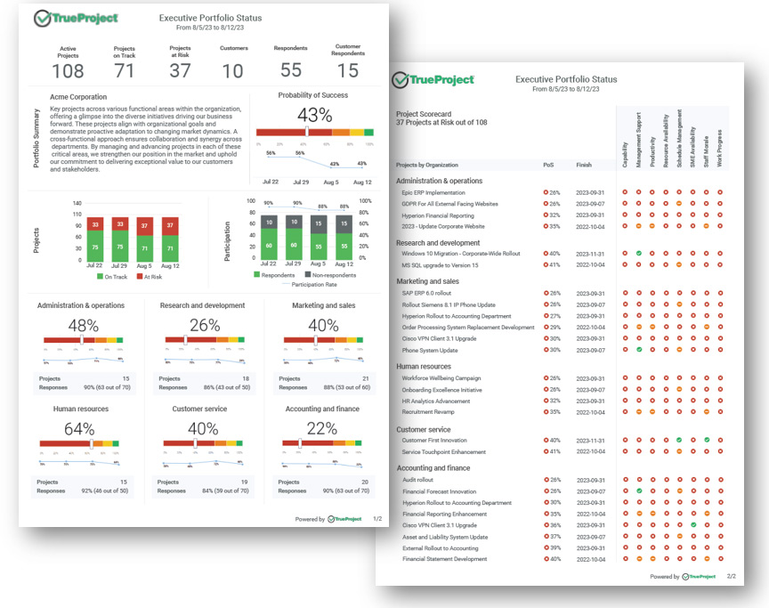 TrueProject's executive project dashboard displaying project portfolio status, risk assessments, probability of success, and departmental performance metrics
