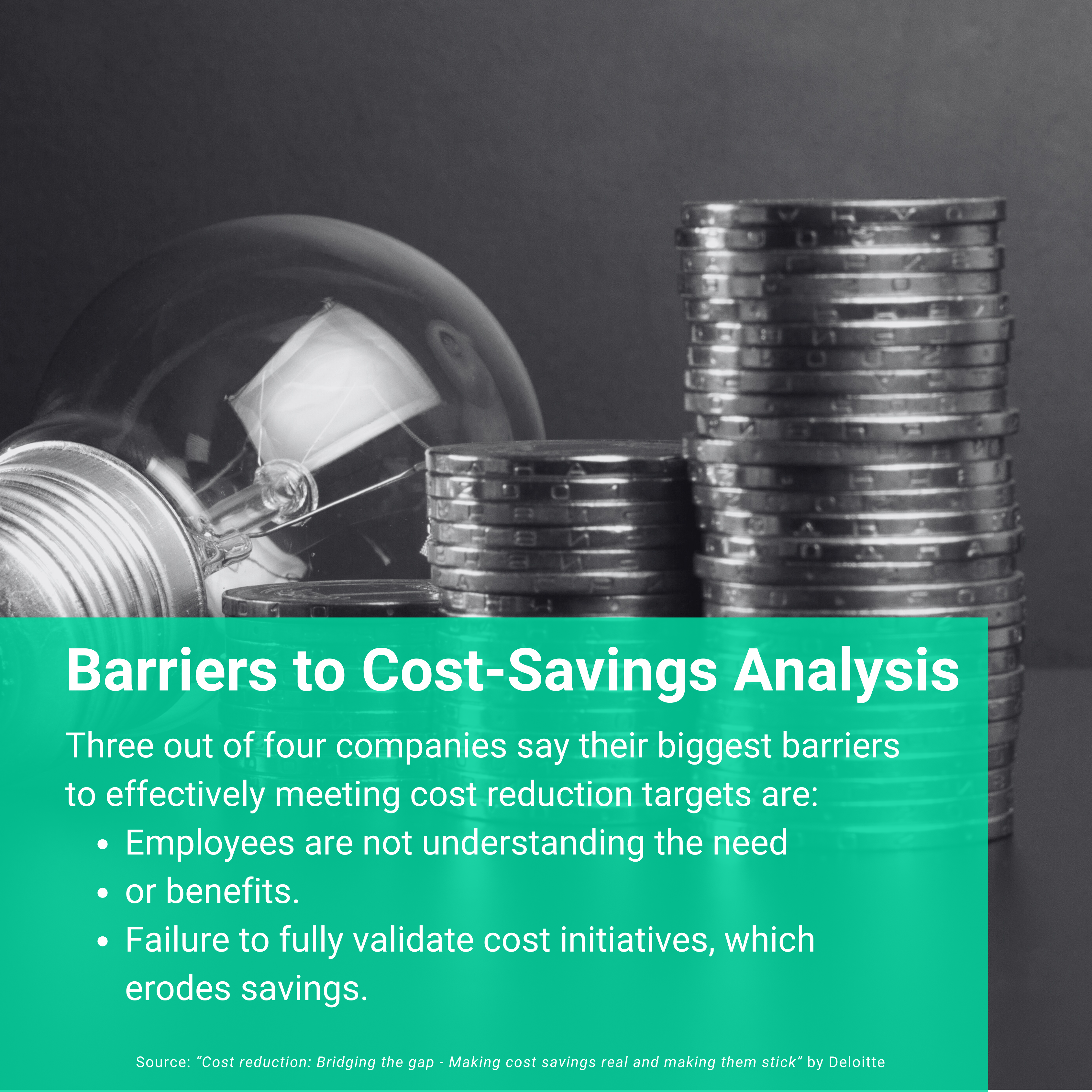 Infographic highlighting barriers to cost savings analysis, noting that three out of four companies struggle due to lack of employee understanding of cost initiatives and failure to validate cost-saving efforts