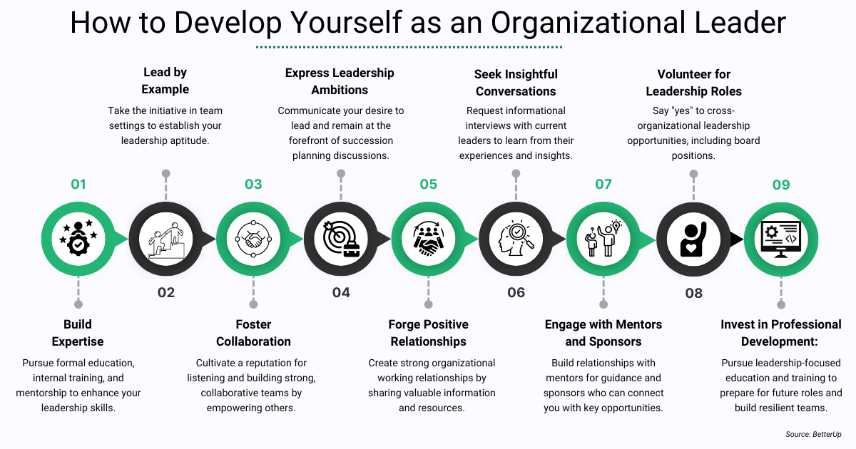 This infographic highlights developing organizational leadership, outlining nine steps: leading by example, collaboration, and mentorship.