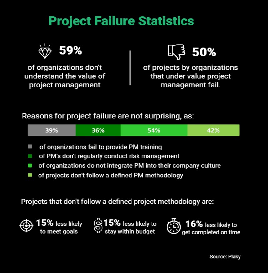 infographic titled “Project Failure Statistics” showing that 59% of organizations don’t understand the value of project management and 50% of projects fail when PM is undervalued, along with key failure reasons such as lack of PM training, poor risk management, lack of integration into company culture, and not following a defined methodology, and noting that projects without a defined methodology are less likely to meet goals, stay on budget, and finish on time