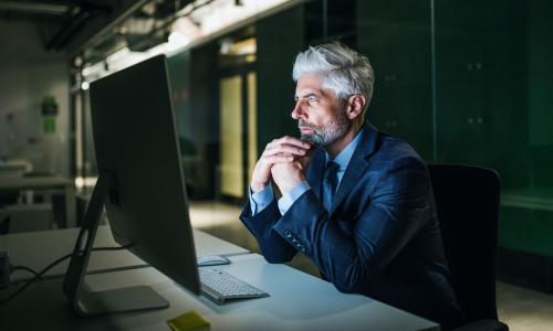 Professional looking at computer monitor in office setting.